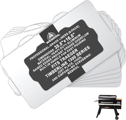 6 Packs BAC515 Drip Tray Liners for Traeger Timberline 1300 Series Grills, Heat-Resistant Foil Liners Replacement for Traeger Timberline Accessories, Aluminum Tray for Catching Grease 35.5 x 16.5 Inch