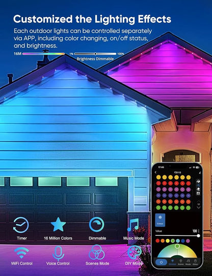 APPECK RGBW Permanent Outdoor Lights 100ft with 72 Lights,White | 111+ Scenes Modes Outdoor Lighting, APP Control Eaves Lights Compatible with Alexa, for Decorations, Daily