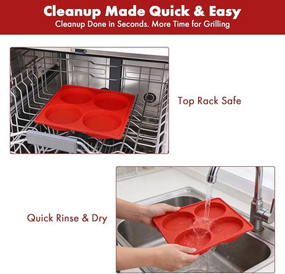 Silicone Burger Patty Maker & Freezer Tray, Grilling Cookware 4-Cavity Mold with Airtight Lid, Make 4 Perfect 4.7-Inch Patties at Once for Easy BBQ Prep & Freezer Storage