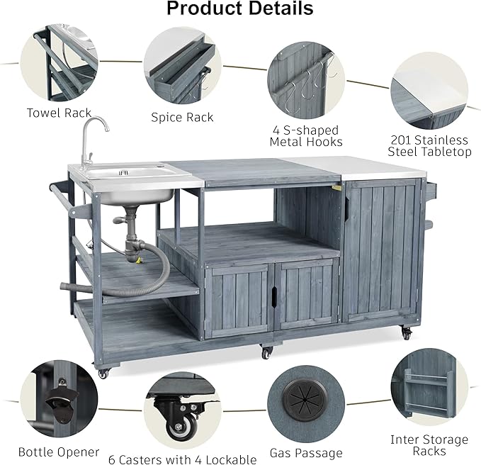 75.4" Outdoor Kitchen Island with Sink, Solid Wood Grill Cart for XL Big Green Egg, Rolling Outdoor Bar Cart with Stainless Steel Top, Adjustable Shelves, 6 Wheels for BBQ Pizza Prep