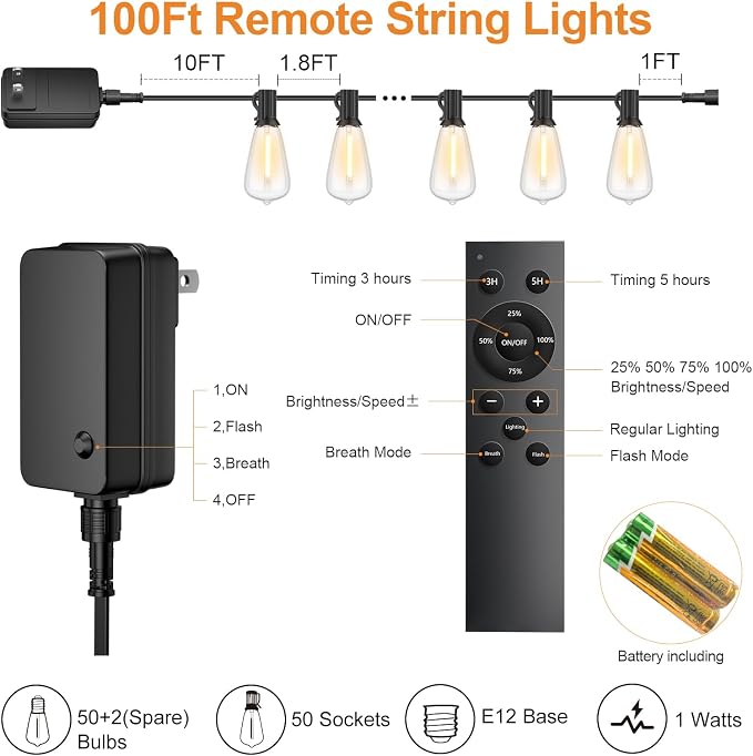 100FT Remote Outdoor String Lights for Outside, 50+2 LED Waterproof Shatterproof Edison Dimmable Timer Bulbs, 2500K Warm White Patio Lights for Garden Backyard Yard Hanging Lighting