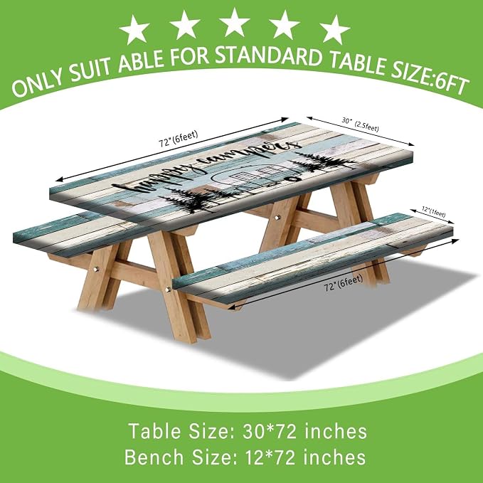 JAWO RV Camper Picnic Table Cover with Bench Covers, Camper Camping RV Essentials Gear Supplies Outdoor Waterproof Windproof Tablecloth with Elastic, 60in