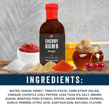 PS Seasoning Cherry Bomb - Door County Cherry BBQ Sauce - All-Purpose Marinade, Glaze, Baste, and Dip - Sweet and Tangy, Great for Pork, Beef, Salmon, Chicken, Ribs, Tenderloin, and more