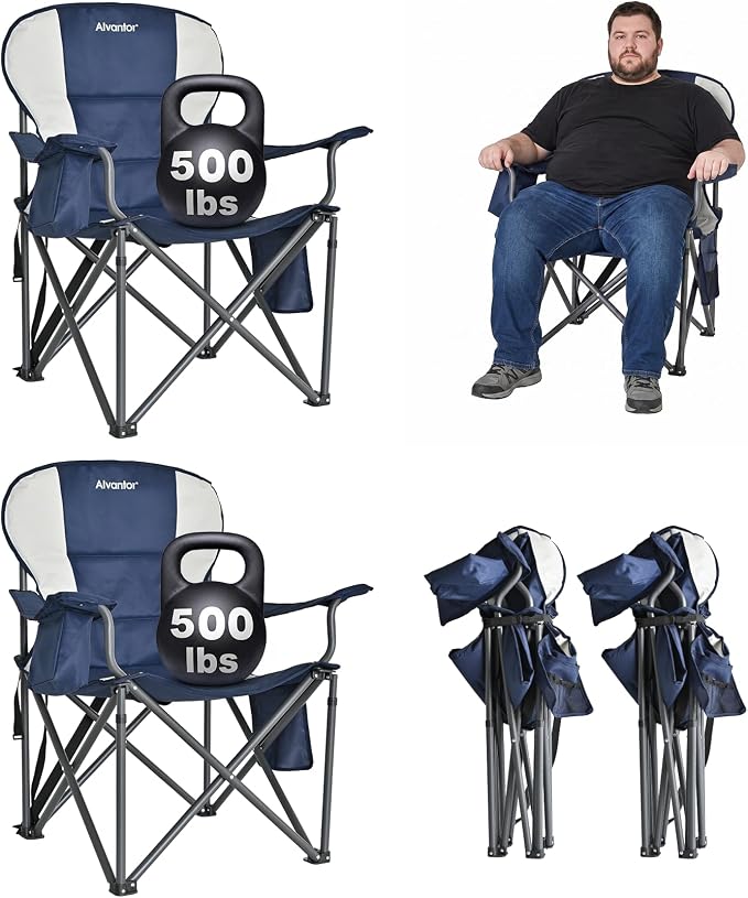 Alvantor 2PC Heavy Duty Folding Camping Chair, 500 LBS Oversized Outdoor Chair with Padded 600D Nylon Seat, Insulated Cooler Pocket, Portable for Hiking, Sports, Backyard