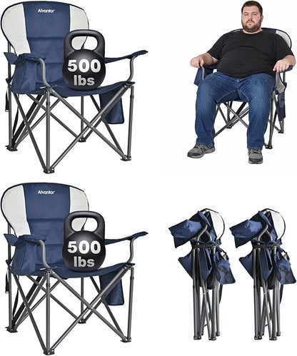 Alvantor 2PC Heavy Duty Folding Camping Chair, 500 LBS Oversized Outdoor Chair with Padded 600D Nylon Seat, Insulated Cooler Pocket, Portable for Hiking, Sports, Backyard