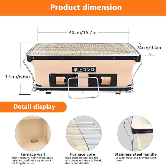 BBQ Charcoal Grill, Japanese Ceramic Clay BBQ Hibachi Grill Portable Yakitori Stove with Food Tongs for Camping, Outdoor, Indoor, Beige