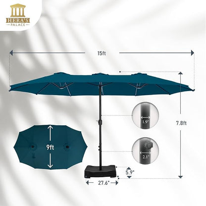 HERA'S PALACE 15ft Patio Umbrella, Base Included, Rectangular, Cerulean | outdoor, table, large, 15, rectangle, double, pool, stand, clearance, outside, triple, shade, sun