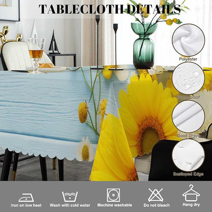 Swono Daisy Rectangular Tablecloth Garden Blossom Daisy Sunflowers Blue Wooden Washable Table Cloth Kitchen Dining Room Table Cover for Party Dinner 50x72 Inch Tablecloths