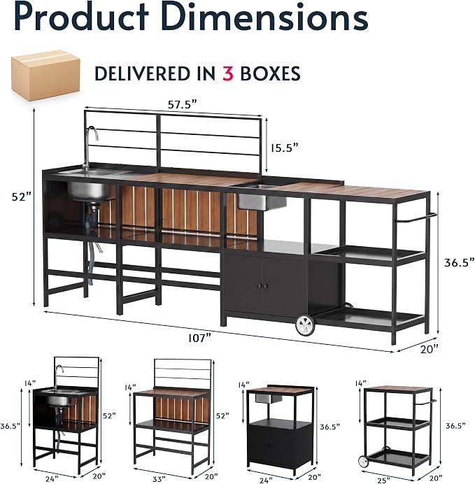 Modular Outdoor Kitchen Island with Sink, 4Pcs Aluminum Outdoor Kitchen Kit | Aluminum Frame, Weatherproof, Modular Grill Cart & Ice box, Large Countertop & Wall Hanging Design, For Patio BBQ, Party