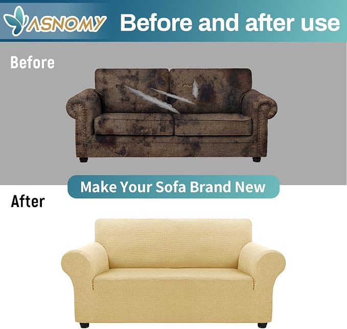 Asnomy Stretch Couch Covers Washable,loveseat Cover Slipcovers,Champagne | 1-Piece Sofa Cover(55"-78") loveseat cover Furniture Protector Soft Jacquard,Non-Slip Elastic Bottom for Dogs & Kids