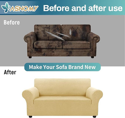 Asnomy Stretch Couch Covers Washable,loveseat Cover Slipcovers,Champagne | 1-Piece Sofa Cover(55"-78") loveseat cover Furniture Protector Soft Jacquard,Non-Slip Elastic Bottom for Dogs & Kids