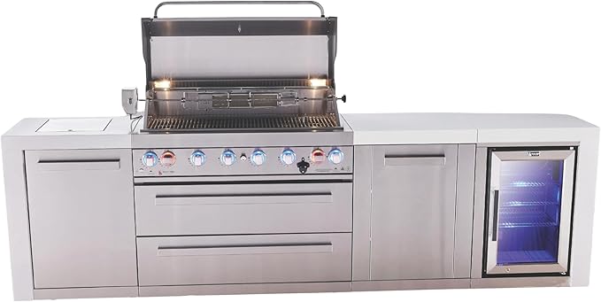 Mont Alpi Premium 119"W Deluxe Stainless Steel Modular Outdoor Kitchen Island with Refrigerator + Side Burner + 44"W 6-Burner BBQ Gas Grill + White Granite Countertops + Storage Cabinets and Drawers