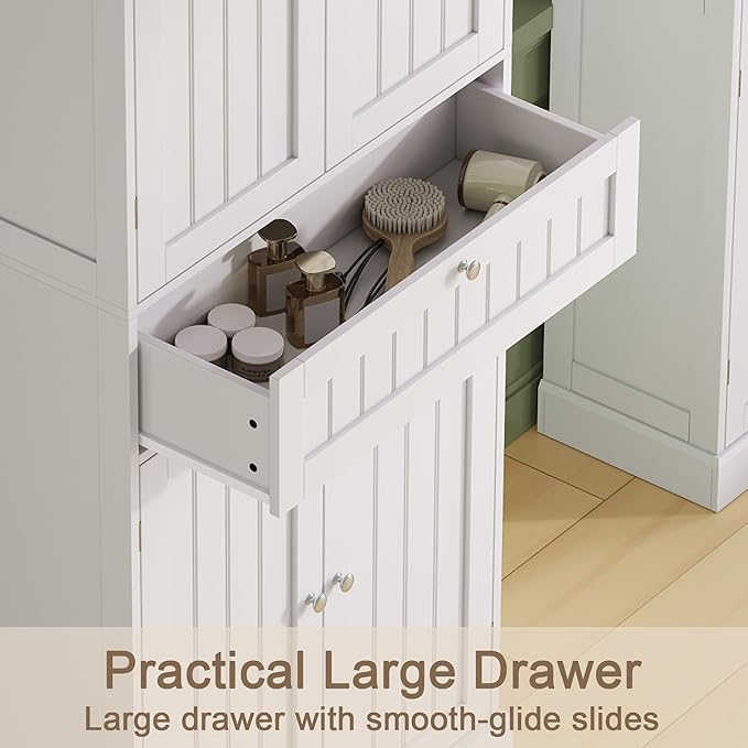 ChooChoo 72" H Bathroom Floor Cabinet with Drawers and Adjustable Shelves | Bathroom Storage Cabinet, Freestanding Kitchen Pantry Cupboard with 4 Doors for Living Room, White