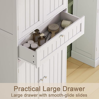 ChooChoo 72" H Bathroom Floor Cabinet with Drawers and Adjustable Shelves | Bathroom Storage Cabinet, Freestanding Kitchen Pantry Cupboard with 4 Doors for Living Room, White
