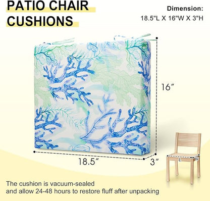 downluxe Outdoor Chair Cushions Set of 4 for Patio Furniture, Water-Resistant Square Corner Patio Chair Cushions with Ties, High Density Foam Outdoor Seat Cushion, 18.5" X 16" X 3", Blue Coral
