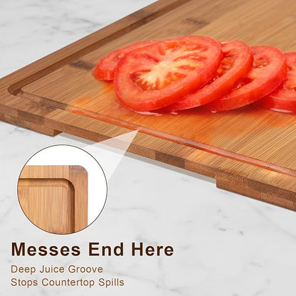 Cutting Board Set with Holder, Space Saving Kitchen Bamboo Chopping Boards, Build in Juice Groove and Grip Handle, Durable Wooden Serving Board for Meal Prep & Charcuterie, Gift Idea