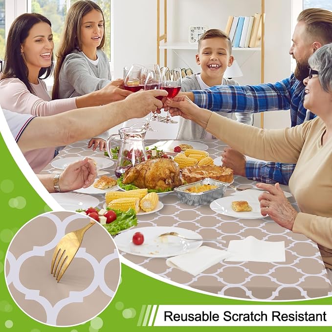 Smiry Oval Table Cloth, Waterproof Vinyl Tablecloths with Flannel Backing for Oval Tables, Wipeable Spillproof Plastic Tablecloth for Dining, Camping, Indoor and Outdoor (60"x102", Khaki)