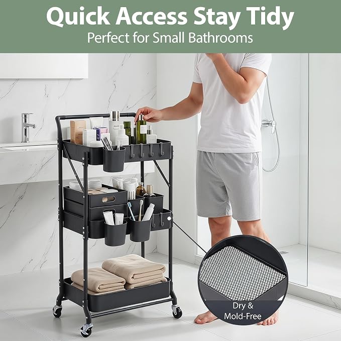 3 Tier Foldable Rolling Cart with Wheels, Folding Utility Cart Organizer, Collapsible Rolling Storage Cart with 3 Hanging Cups & 6 Hooks for Kitchen, Office, Nursery(Black)