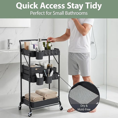 3 Tier Foldable Rolling Cart with Wheels, Folding Utility Cart Organizer, Collapsible Rolling Storage Cart with 3 Hanging Cups & 6 Hooks for Kitchen, Office, Nursery(Black)