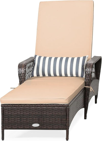 COSTWAY PE Rattan Chaise Lounge Chair, 6 Gear Adjustable Recliner with Armrest & Pillow, Wicker Outdoor Furniture for Deck, Patio (1, Beige)