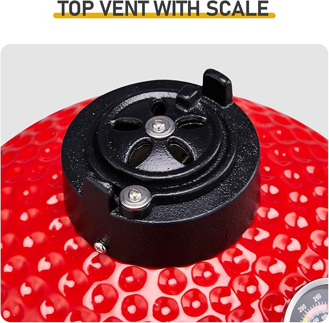 13" Round Kamado Charcoal Grill, Portable Ceramic Barbecue Grill with Thermometer for Variations on Cooking Methods(Black) (Red)