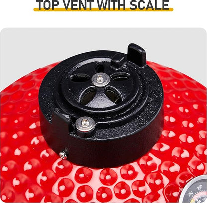 13" Round Kamado Charcoal Grill, Portable Ceramic Barbecue Grill with Thermometer for Variations on Cooking Methods(Black) (Red)