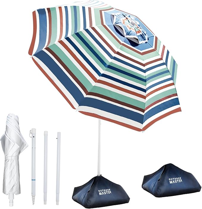 OutdoorMaster 7.2ft Beach Umbrellas for Sand with Sandbag & Anchor | 7.2ft Adjustable Umbrella for Beach, Wind Resistant, Portable UPF50+ Sunshade with Carry Bag for Patio