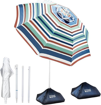 OutdoorMaster 7.2ft Beach Umbrellas for Sand with Sandbag & Anchor | 7.2ft Adjustable Umbrella for Beach, Wind Resistant, Portable UPF50+ Sunshade with Carry Bag for Patio