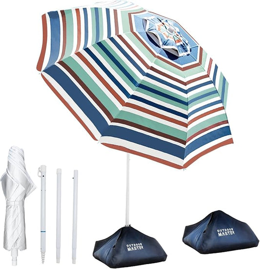 OutdoorMaster 7.2ft Beach Umbrellas for Sand with Sandbag & Anchor | 7.2ft Adjustable Umbrella for Beach, Wind Resistant, Portable UPF50+ Sunshade with Carry Bag for Patio