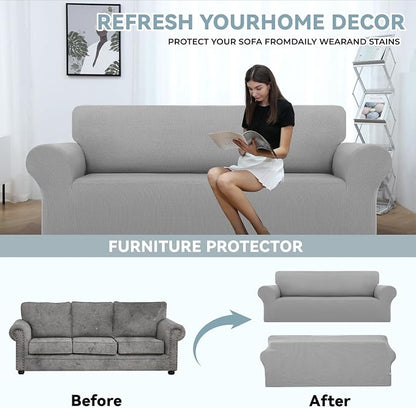 LURKA Stretch Couch Cover for Sofa, 1 Piece 3 Cushion Slipcover, Sliver | Soft Stretch Jacquard, Fits 78"-94" Sofas, Elastic Bottom for Secure Fit, Machine Washable, Pet & Kid Friendly