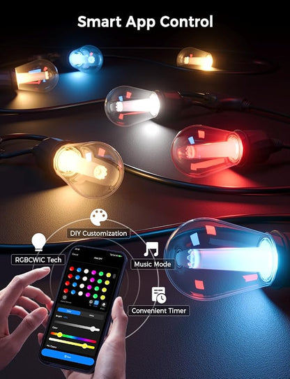 XMCOSY+ Smart Outdoor String Lights 123FT, LED Patio Light with App Control | DIY Color Changing, RGBCW Dimmable White, Segment Control, Alexa Voice Control, Shatterproof IP65 Waterproof Outside Lights