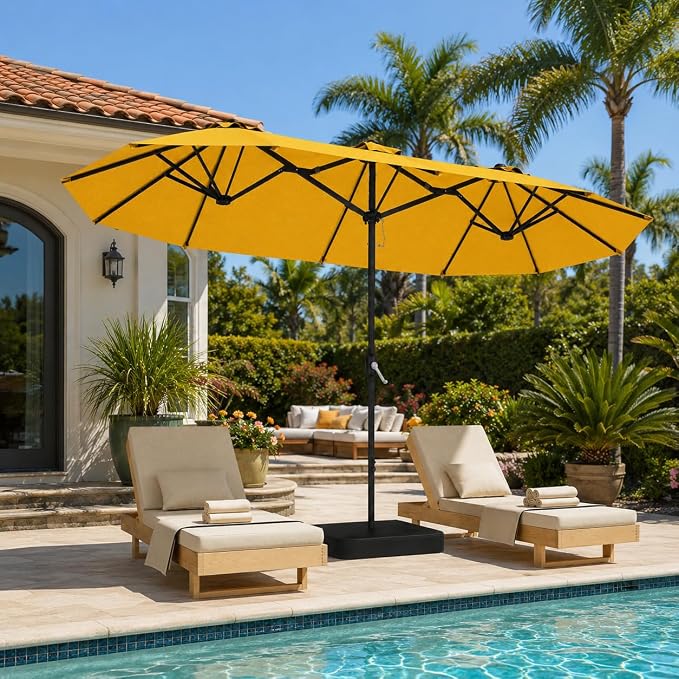 DomeShade 15FT Double-Sided Patio Umbrella with Base,Large Outdoor Rectangular Market Umbrella with Stand & Crank Lift,UV-Resistant Outside Umbrella for Garden,Poolside,Lawn,Deck,Yellow