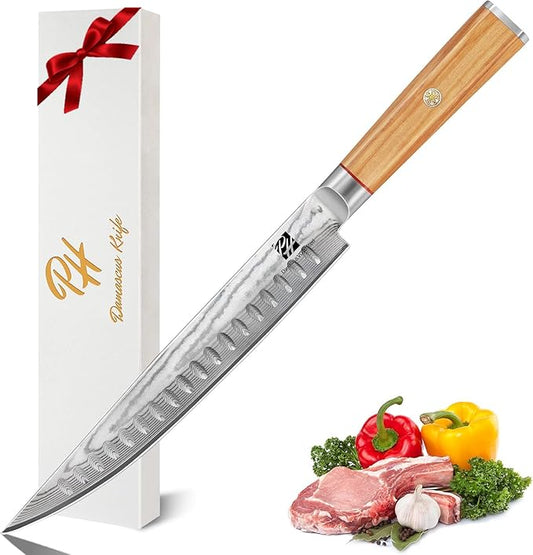 9 Inch Damascus Carving Knife - Brisket Knife 67 Layer VG-10 Steel Core with Olive Wood Handle, 62 HRC Precision Sharp Professional Kitchen Knife for Meat Slicing and BBQ, Gift Box Included