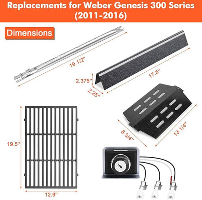 Grill Parts for Weber Genesis 300 (2011-2016 Front Control) – Cast Iron Genesis Grill Grates, 304 Stainless Burner Tubes, 17.5" Flavorizer Bars + Igniter Kit, Fits Genesis E310 E320 E330 S310 S330