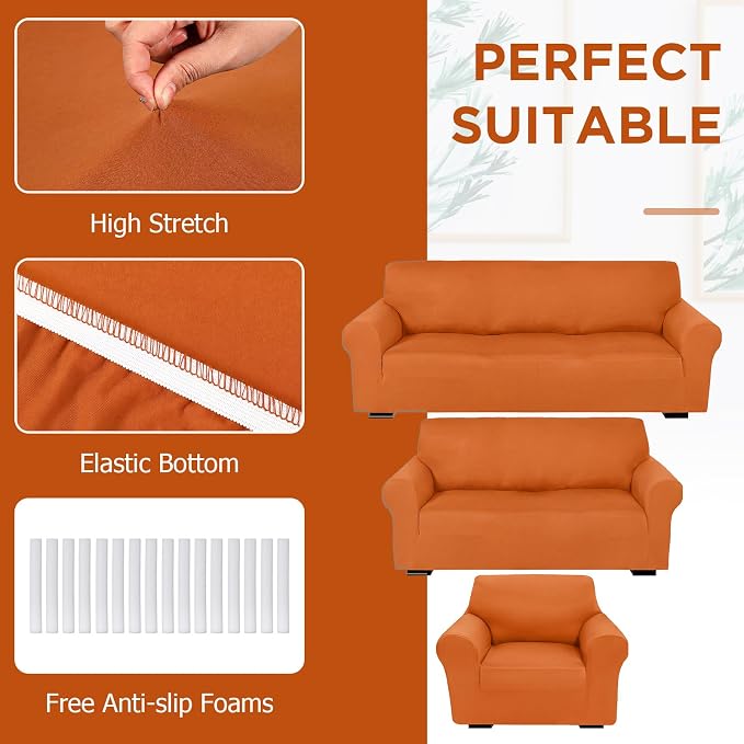 Peryiter 3 Pcs Couch and Loveseat Sofa Covers,Orange,Milk Silk | Armchair Covers for Living Room, Sofa Cushion Slipcover, Furniture Protector, Polyester and Spandex, Washable