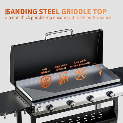 Garvee 4 Burner Propane Gas Griddle with Removable Cart – Convertible Flat Top Grill with Hood, 32,000 BTU Portable Griddle for Camping, Tailgating, Backyard – Black