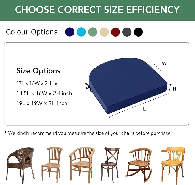 Summsun Outdoor Chair Cushions Set of 4: Waterproof Patio Furniture Cushions - 17 x 16 Inch Non Slip Round Corner Seat Cushion Pads with Removable Cover for Garden Yard Lawn, Navy Blue