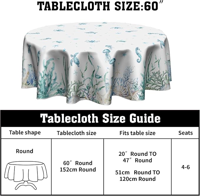 Summer Sea Turtle Jellyfish Table Cloth Round Blue Ocean Theme Nautical Coastal Tablecloth 60 Inch Decor Washable Stain and Wrinkle Resistant Round Table Cover for Dining Party Picnic