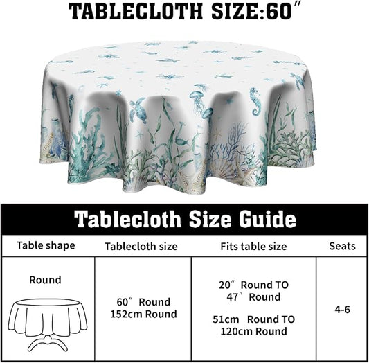 Summer Sea Turtle Jellyfish Table Cloth Round Blue Ocean Theme Nautical Coastal Tablecloth 60 Inch Decor Washable Stain and Wrinkle Resistant Round Table Cover for Dining Party Picnic