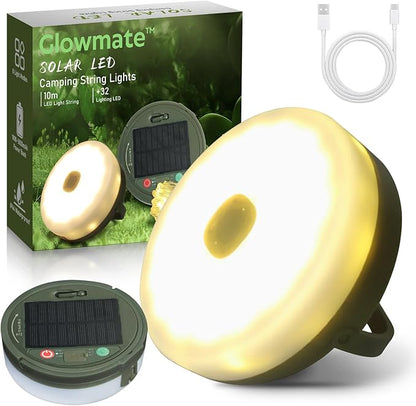 4 in 1 Camp Light Camping String Lights with 8 Modes Rechargeable Waterproof Retractable String Lights Your Ultimate Outdoor Companion (Solar LED+Type C, WarmWhite+Multicolor, 32.8FT)