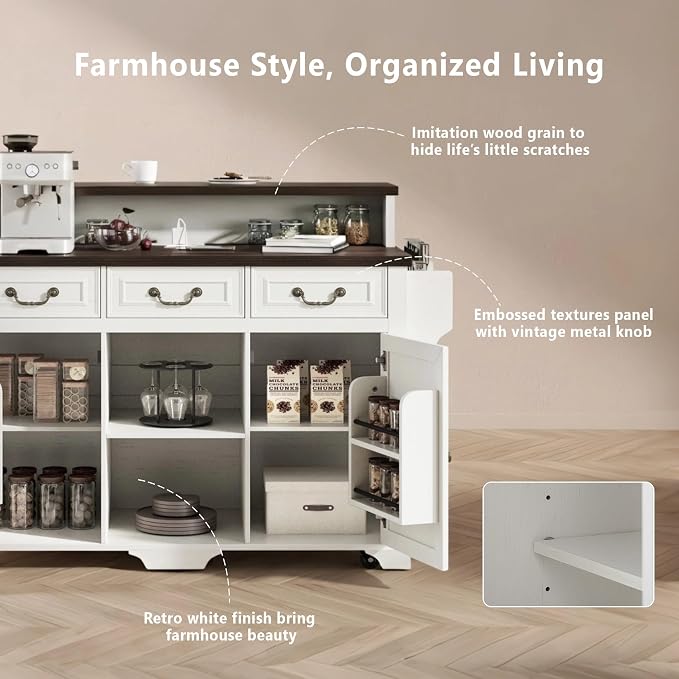 Merax 53.2" Two-Tier Kitchen Island with Storage, Farmhouse Kitchen Island with Power Outlet, 4 Door Shelves, Adjustable Shelves, 3 Drawers, Rolling Island Table, Bar Cabinet for Kitchen, Rustic White