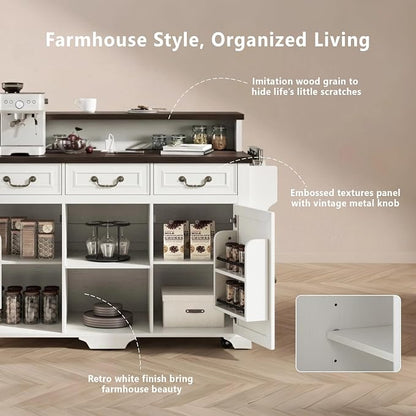 Merax 53.2" Two-Tier Kitchen Island with Storage, Farmhouse Kitchen Island with Power Outlet, 4 Door Shelves, Adjustable Shelves, 3 Drawers, Rolling Island Table, Bar Cabinet for Kitchen, Rustic White