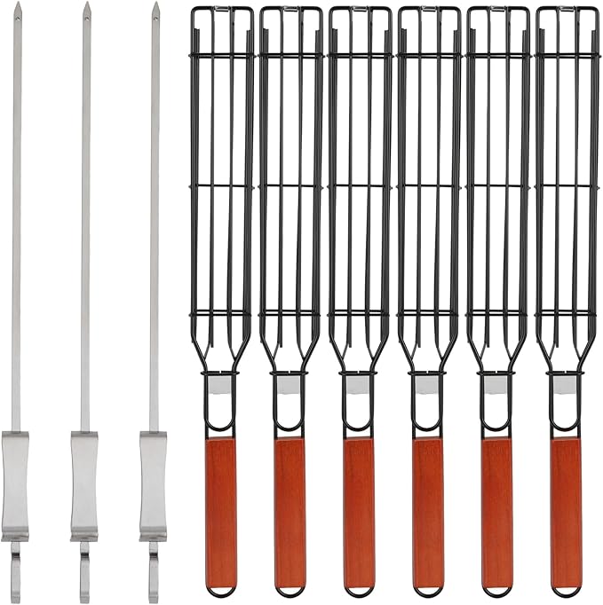 IRSTBL – Kebab Grill Basket Set – 6 Nonstick BBQ Baskets with Wooden Handles & 3 Steel Skewers – Reusable Grilling Tools for Meat, Veggies, Fish – 17 Inches