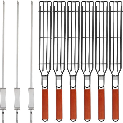 IRSTBL – Kebab Grill Basket Set – 6 Nonstick BBQ Baskets with Wooden Handles & 3 Steel Skewers – Reusable Grilling Tools for Meat, Veggies, Fish – 17 Inches