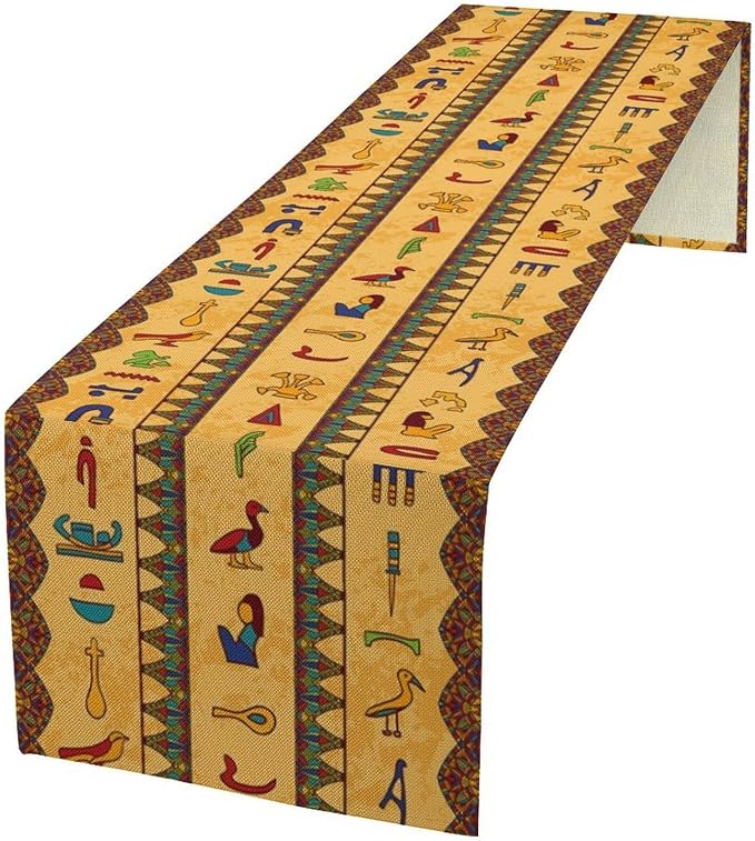 Vintage Ancient Egypt Table Runner Retro Old Egyptian Hieroglyphics Floral Geometric Mysterious Egypt Culture Dinner Runner for Farmhouse Coffee Kitchen Dining Holiday Party Décor 13x70in