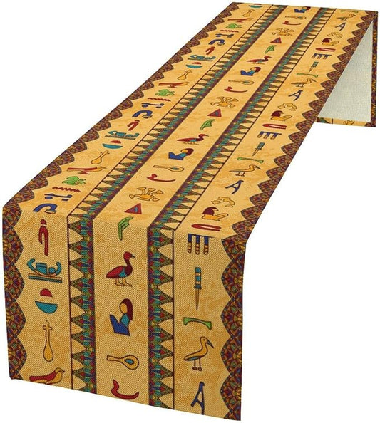 Vintage Ancient Egypt Table Runner Retro Old Egyptian Hieroglyphics Floral Geometric Mysterious Egypt Culture Dinner Runner for Farmhouse Coffee Kitchen Dining Holiday Party Décor 13x36in
