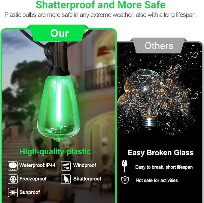 LAMPHOME Outdoor String Lights, Green Patio Lights Waterproof 26FT ST38 12+1Shatterproof Connectable LED Edison Bulbs, Hanging Lights for St. Patrick's Day Backyard Garden Porch Christmas Bistro Decor