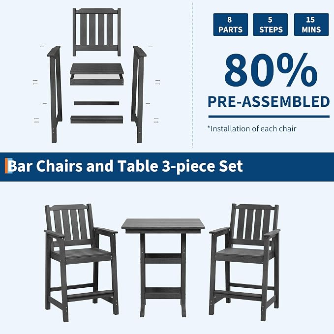 Garvee 5-Piece Outdoor Adirondack Bar Set, Patio Bar Table with 4 Bar Chairs, HDPE All-Weather Patio Bar Furniture Set with Umbrella Hole, for Balcony, Backyard, Poolside, Bistro