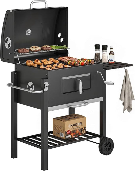 Outsunny Charcoal BBQ Grill, Outdoor Portable Cooker for Camping or Backyard Picnic with Side Table, Bottom Storage Shelf, Wheels and Handle, Black