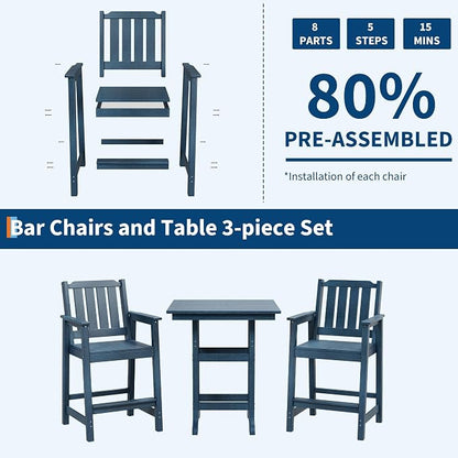 Garvee 5-Piece Outdoor Adirondack Bar Set, Patio Bar Table with 4 Bar Chairs, HDPE All-Weather Patio Bar Furniture Set with Umbrella Hole, for Balcony, Backyard, Poolside, Bistro